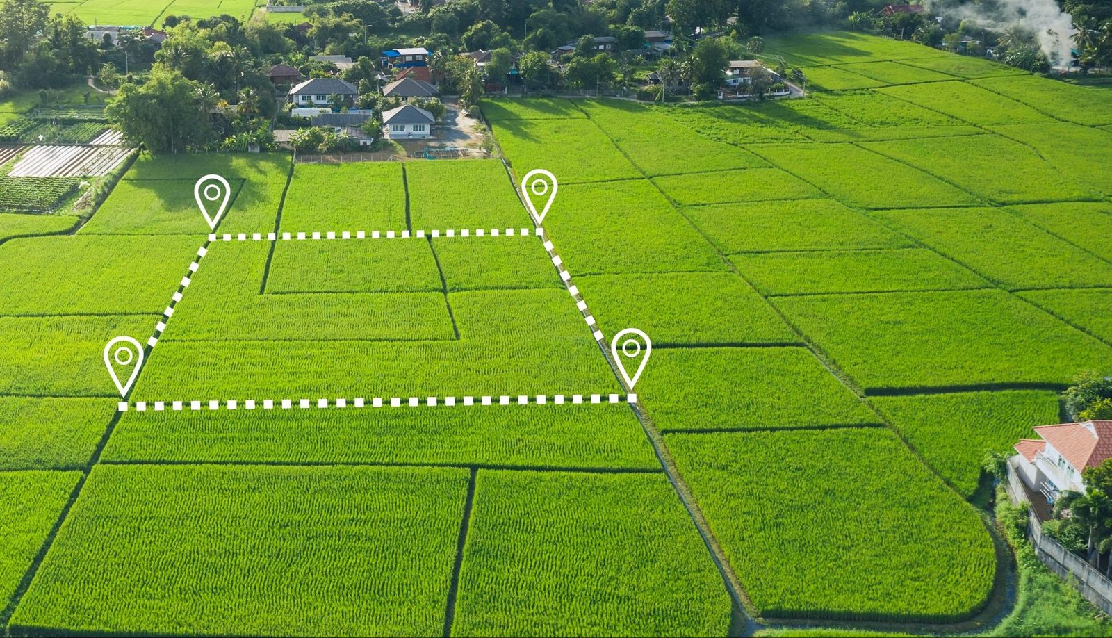 Land plot in aerial view. Gps registration survey of property, real estate for map with location, area. Concept for residential construction, development. Also home or house for sale, buy, investment.